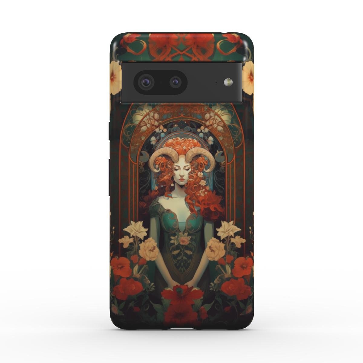 Robuste Handyhülle im Astrologie-Design. Eine Frau mit roten wallenden Haaren und einem grünen Kleid blickt anmutig zu Boden. Sie trägt stilisierte Widder-Hörner auf dem Kopf und ist umgeben von Blumen in beige und rot. Rot-grünes Farbkonzept, für Sternzeichen-Enthustiasten