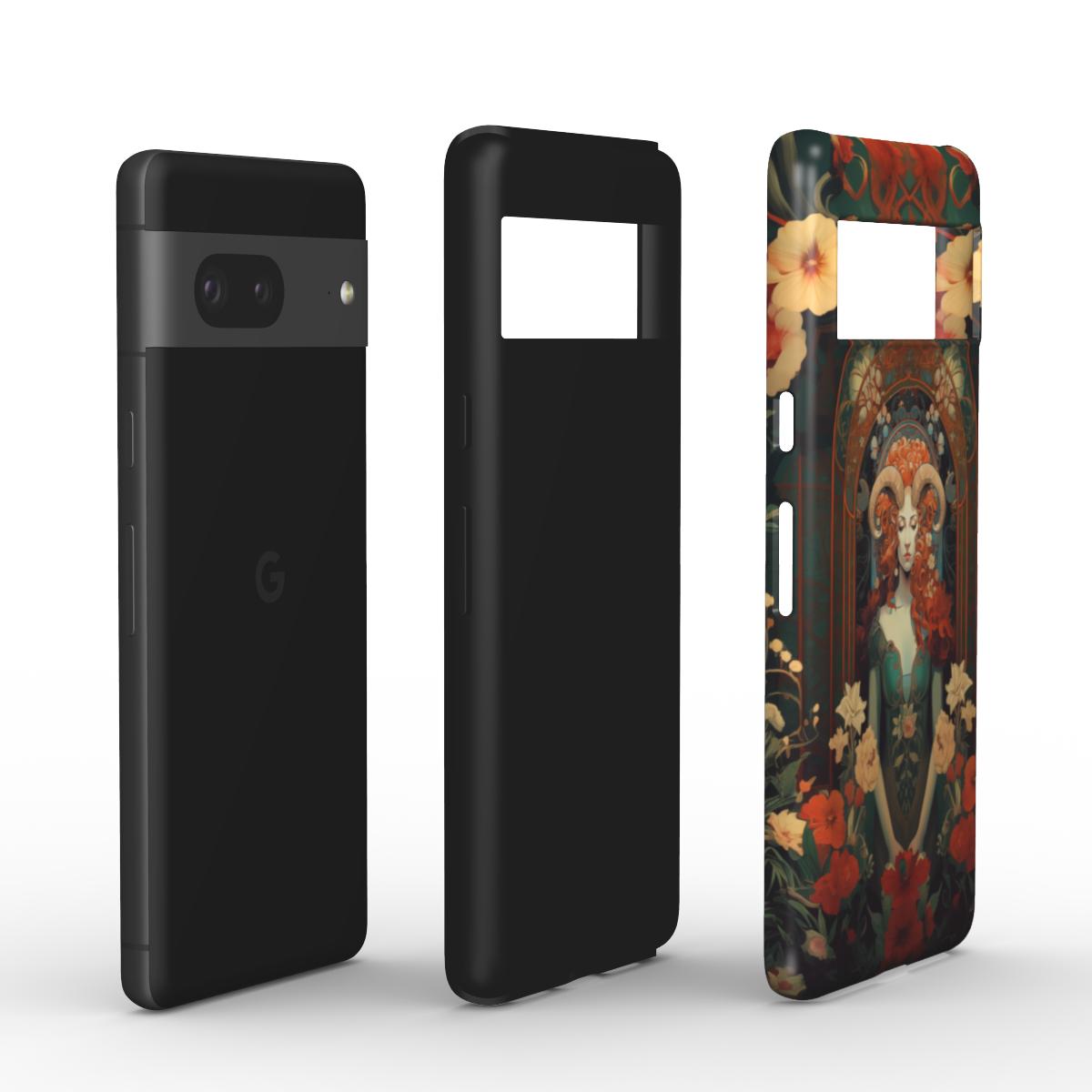 Stoßdämpfende Tough Case Handyhülle im Astrologie-Design. Eine Frau mit roten wallenden Haaren und einem grünen Kleid blickt anmutig zu Boden. Sie trägt stilisierte Widder-Hörner auf dem Kopf und ist umgeben von Blumen in beige und rot. Rot-grünes Farbkonzept, für Sternzeichen-Fans