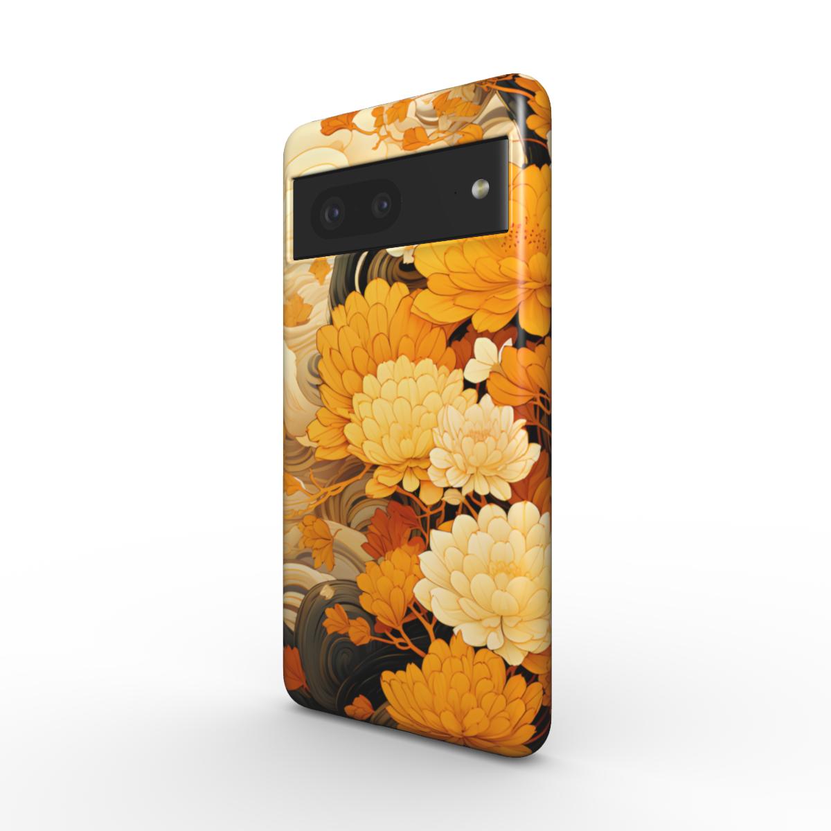 Handyhülle für verschiedene aktuelle Handymodelle mit gold-gelben Blüten von Dahlien oder Seerosen im asiatischen Stil