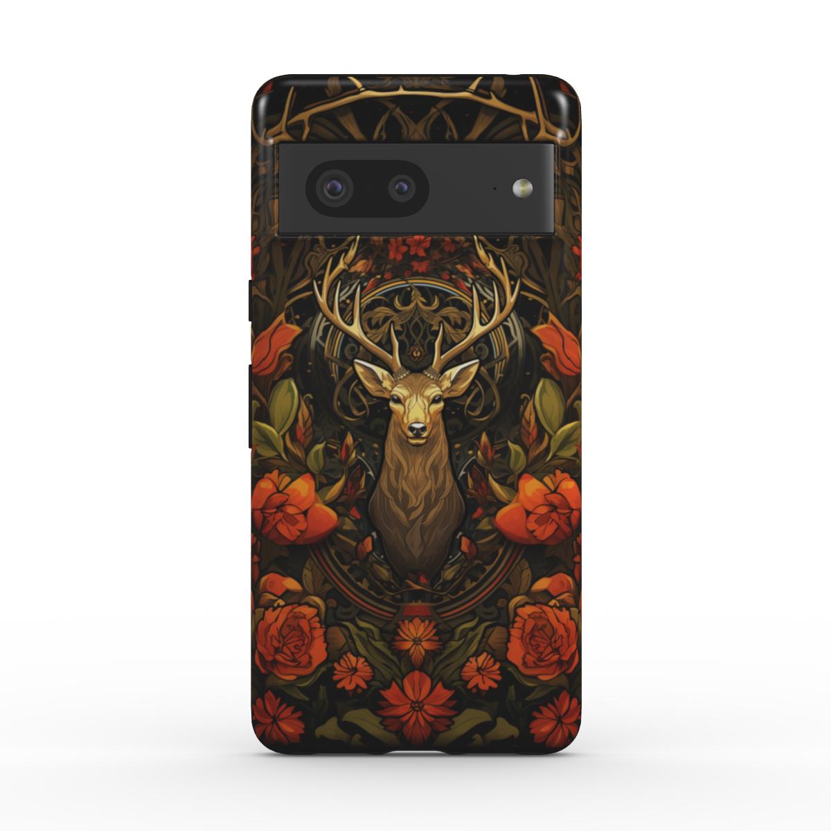 Ein gezeichneter Hirsch mit einem mächtigen Geweih, der von orangefarbenen Blumen umringt ist stark und mächtig geradeaus blickt. Eine robuste Handyhülle für verschiedene Handymodelle.