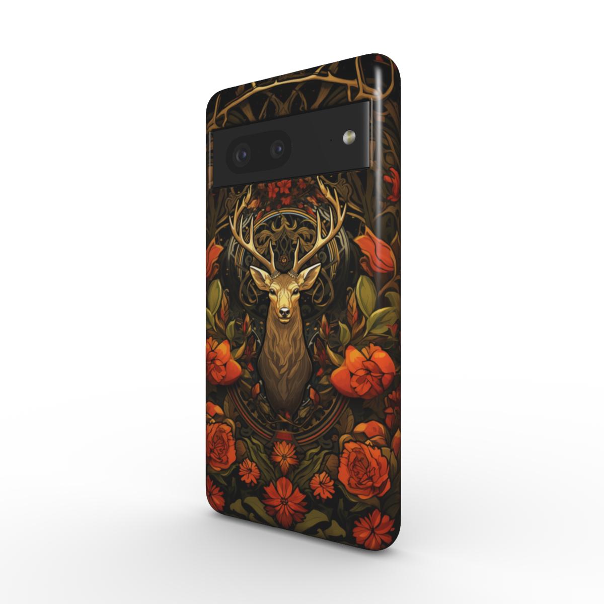 Ein gezeichneter Hirsch mit einem mächtigen Geweih, der von orangefarbenen Blumen umringt ist stark und mächtig geradeaus blickt. Eine robuste Handyhülle für verschiedene aktuelle Handymodelle.