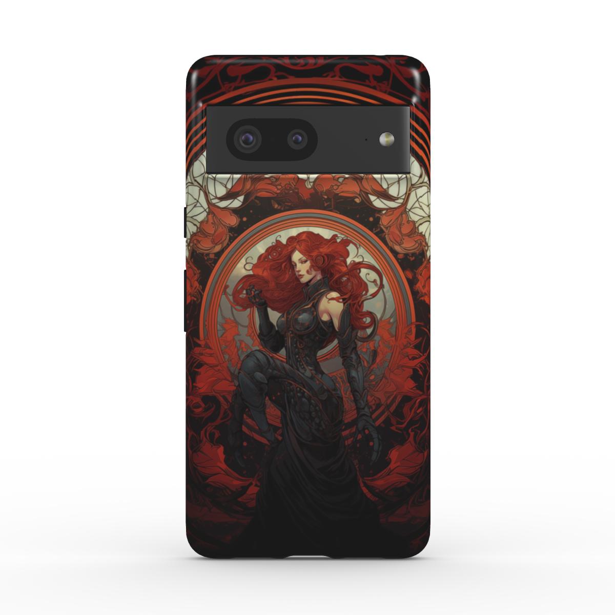 Robuste Handyhülle im Astrologie-Design. Frau mit stilisiertem Skorpion-Kleid und roten Haaren steht vor einem kirchenähnlichen Fenster. Schwarz-rotes Farbkonzept, für Sternzeichen-Enthusiasten