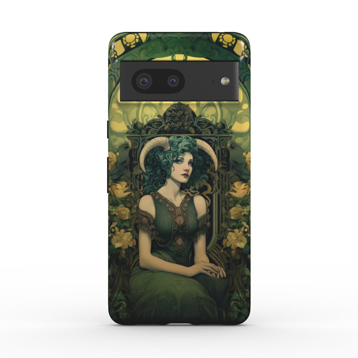 Robuste Handyhülle im Astrologie-Design. Frau mit stilisierten Steinbock-Hörnern und Blumen im Hintergrund sitzt anmutig auf einem Stuhl. Grünes Farbkonzept, für Sternzeichen-Fans
