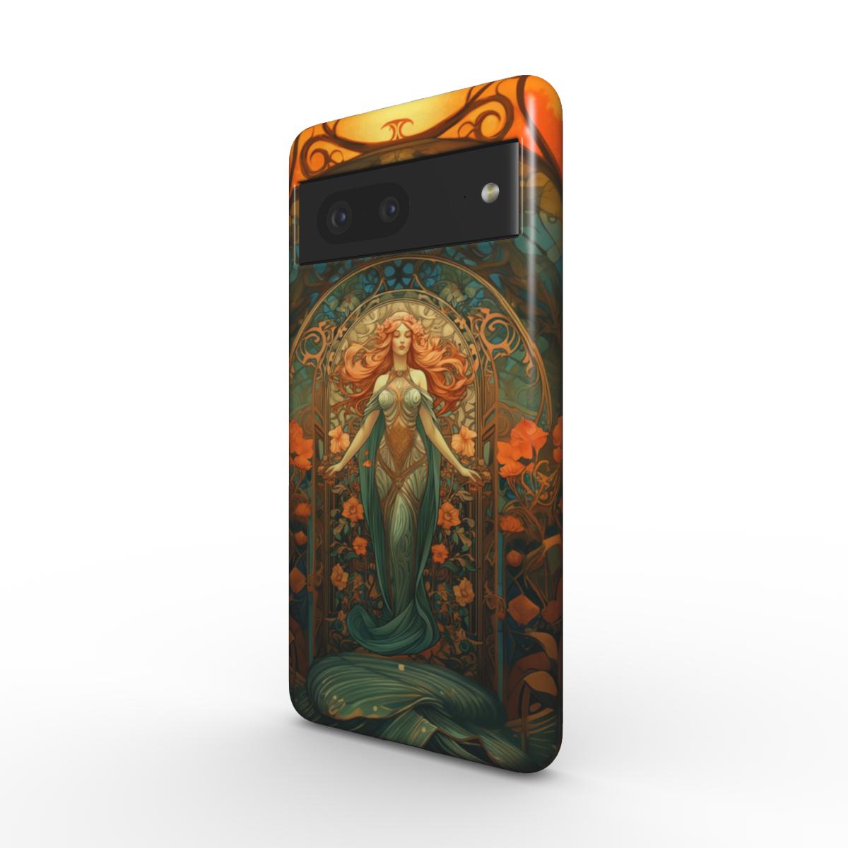Robuste Handyhülle im Astrologie-Design. Starke Frau im Stile einer heiligen griechischen Göttin steht anmutig auf einer Plattform mit orangenen Blumen im Hintergrund. Türkises Farbkonzept, für Sternzeichen-Fans