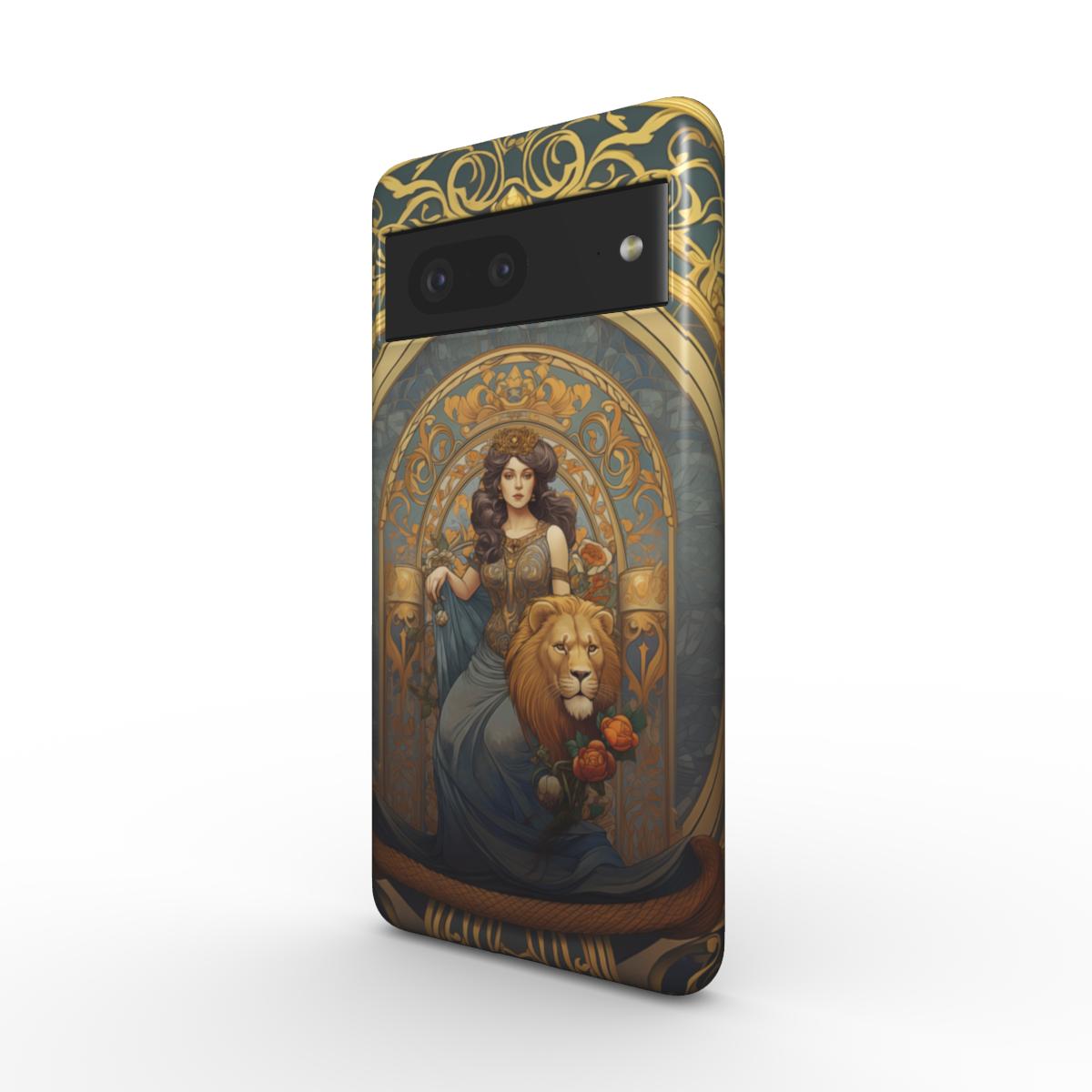 Robuste Handyhülle im Astrologie-Design. Starke Frau im Stile einer griechischen Göttin sitzt auf einem Thron, mit einem Löwen zu ihren Füßen. Blau-goldenes Farbkonzept, für Sternzeichen-Fans