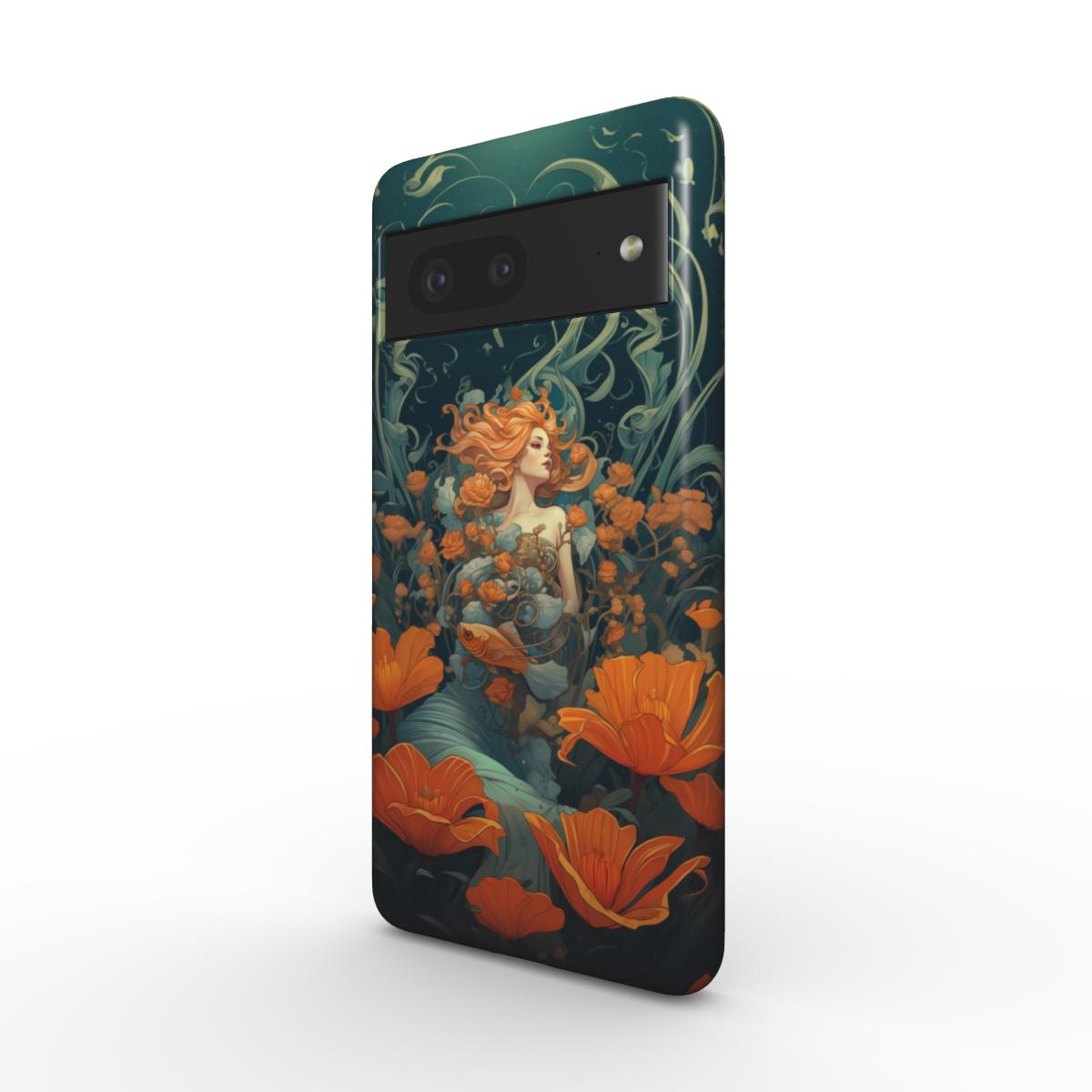 Robuste Handyhülle im Astrologie-Design. Eine Frau mit orange-roten Haaren ist unter Wasser von Blumen und Fischen umgeben. Ihre Haare wiegen sich sanft im Wasser. Sie blickt verträumt zur Seite. Rot-blaues Farbkonzept, für Sternzeichen-Fans