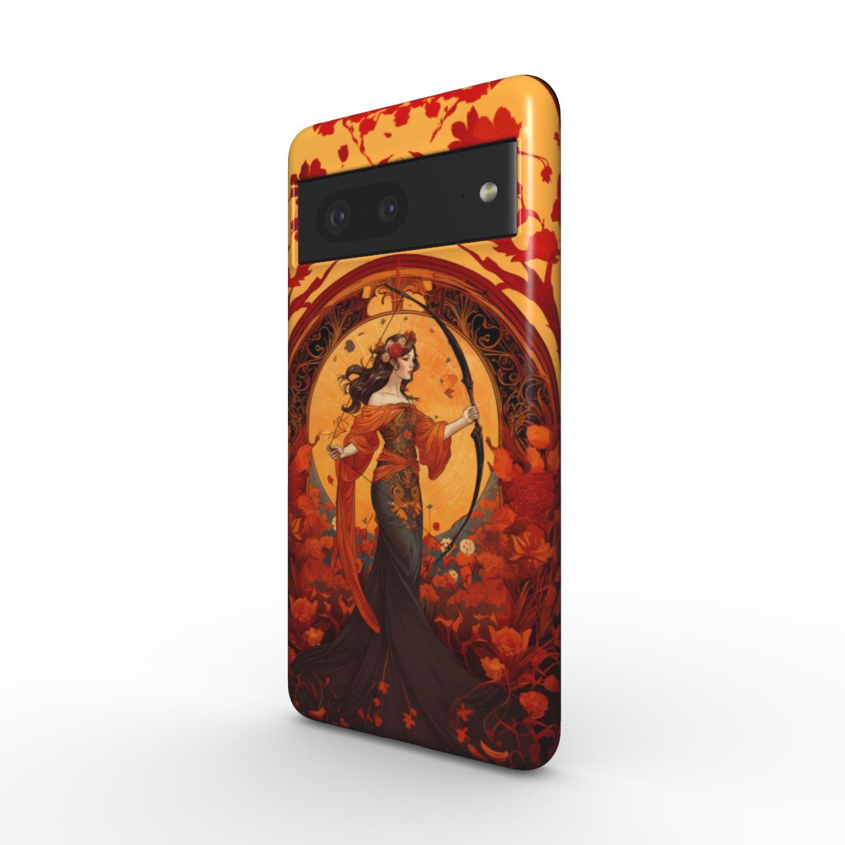 Robuste Handyhülle im Astrologie-Design. Schützen-Frau mit Bogen in der Hand und roten Blumen im Hintergrund steht anmutig auf einem Podest, in einem langen Kleid. Orange-rotes Farbkonzept, für Sternzeichen-Fans, asiatischer Stil