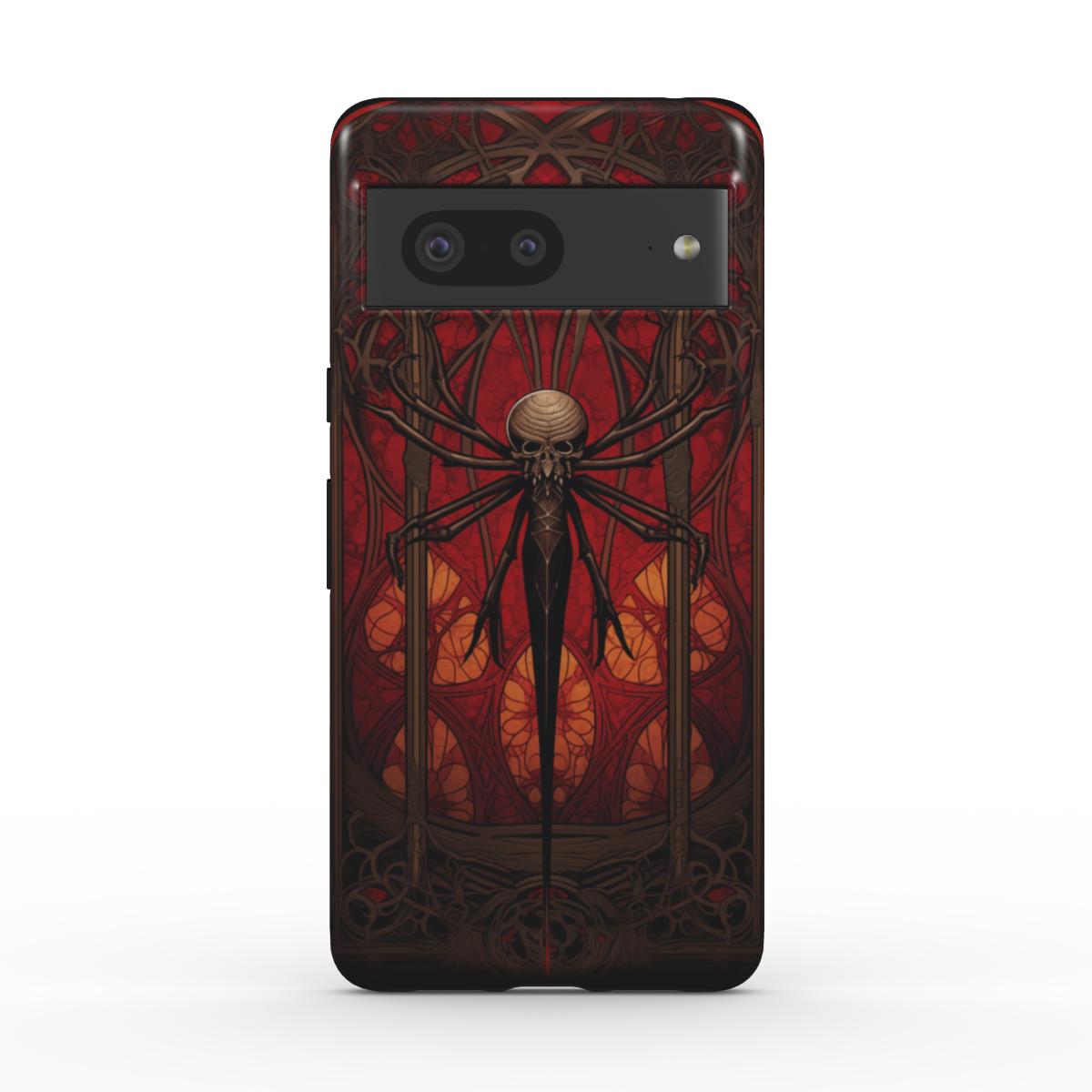 Eine schaudrige Spinne mit stilisiertem Totenkopf und rotem, düsterem Hintergrund. Eine robuste Handyhülle für viele verschiedene aktuelle Modelle