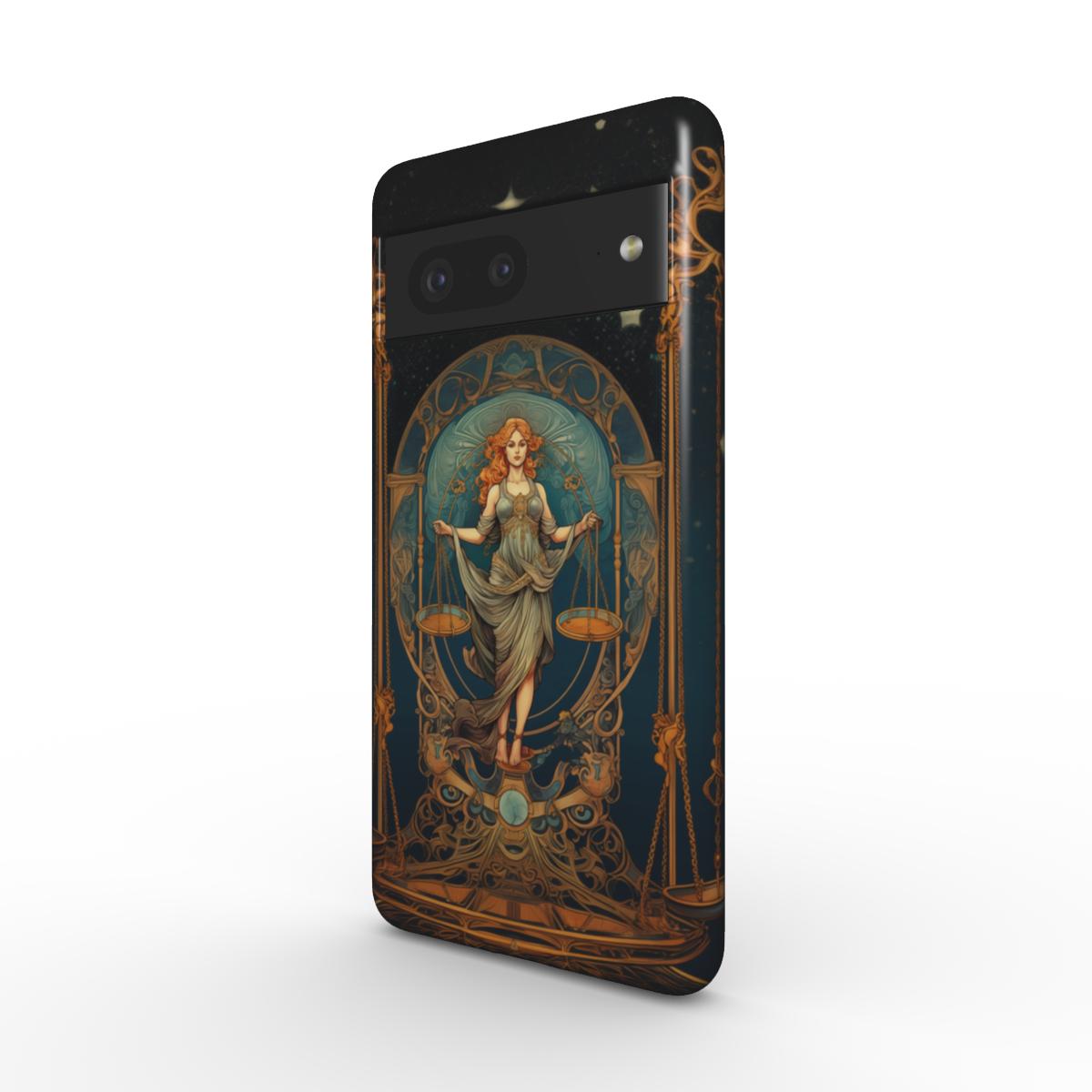 Robuste Handyhülle im Astrologie-Design. Anmutige Frau im zarten Kleid im Stil einer griechischen Göttin hält eine Waage in beiden Händen. Dunkelblaues und goldendes Farbkonzept, für Sternzeichen-Fans