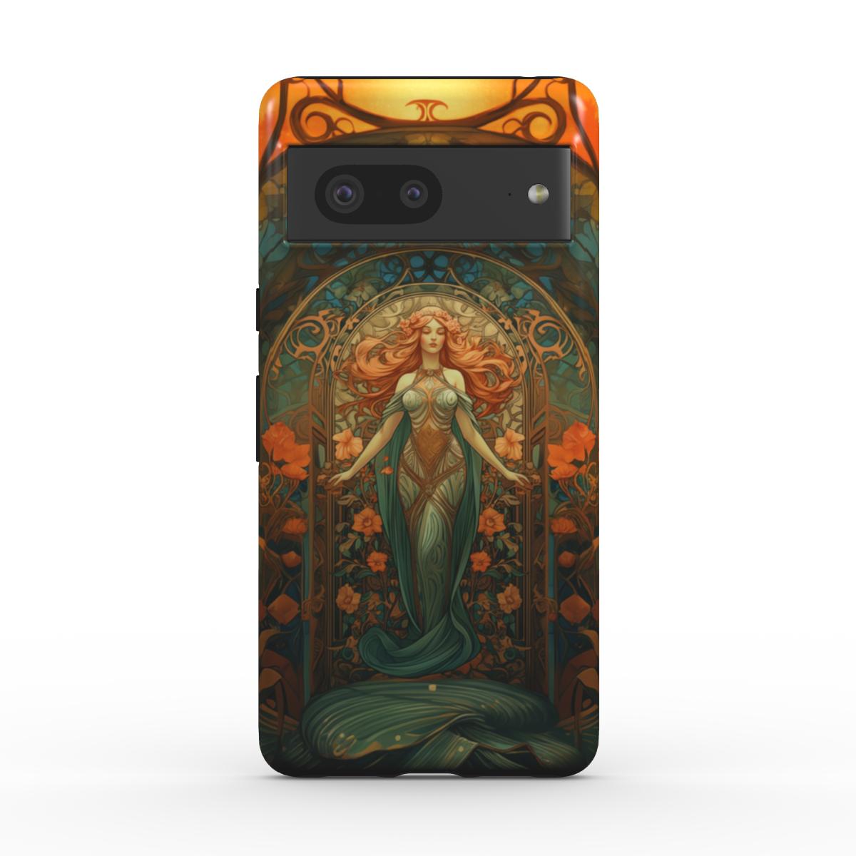 Robuste Handyhülle im Astrologie-Design. Starke Frau im Stile einer heiligen griechischen Göttin steht anmutig auf einer Plattform mit orangenen Blumen im Hintergrund. Türkises Farbkonzept, für Sternzeichen-Enthusiasten