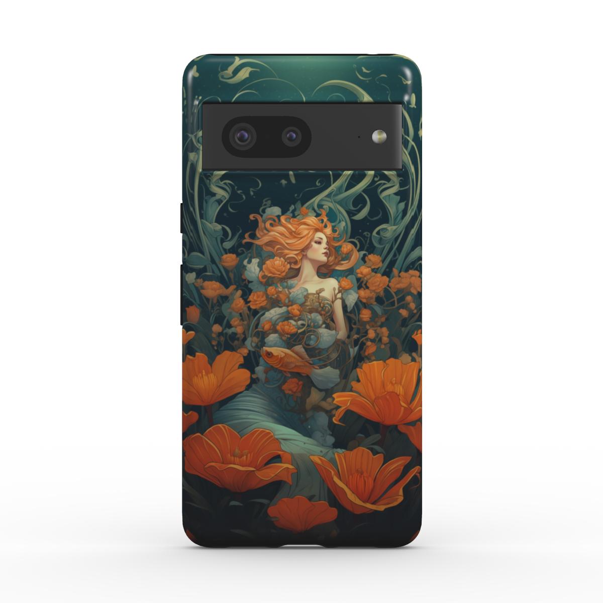 Robuste Handyhülle im Astrologie-Design. Eine Frau mit orange-roten Haaren ist unter Wasser von Blumen und Fischen umgeben. Ihre Haare wiegen sich sanft im Wasser. Sie blickt verträumt zur Seite. Rot-blaues Farbkonzept, für Sternzeichen-Enthusiasten