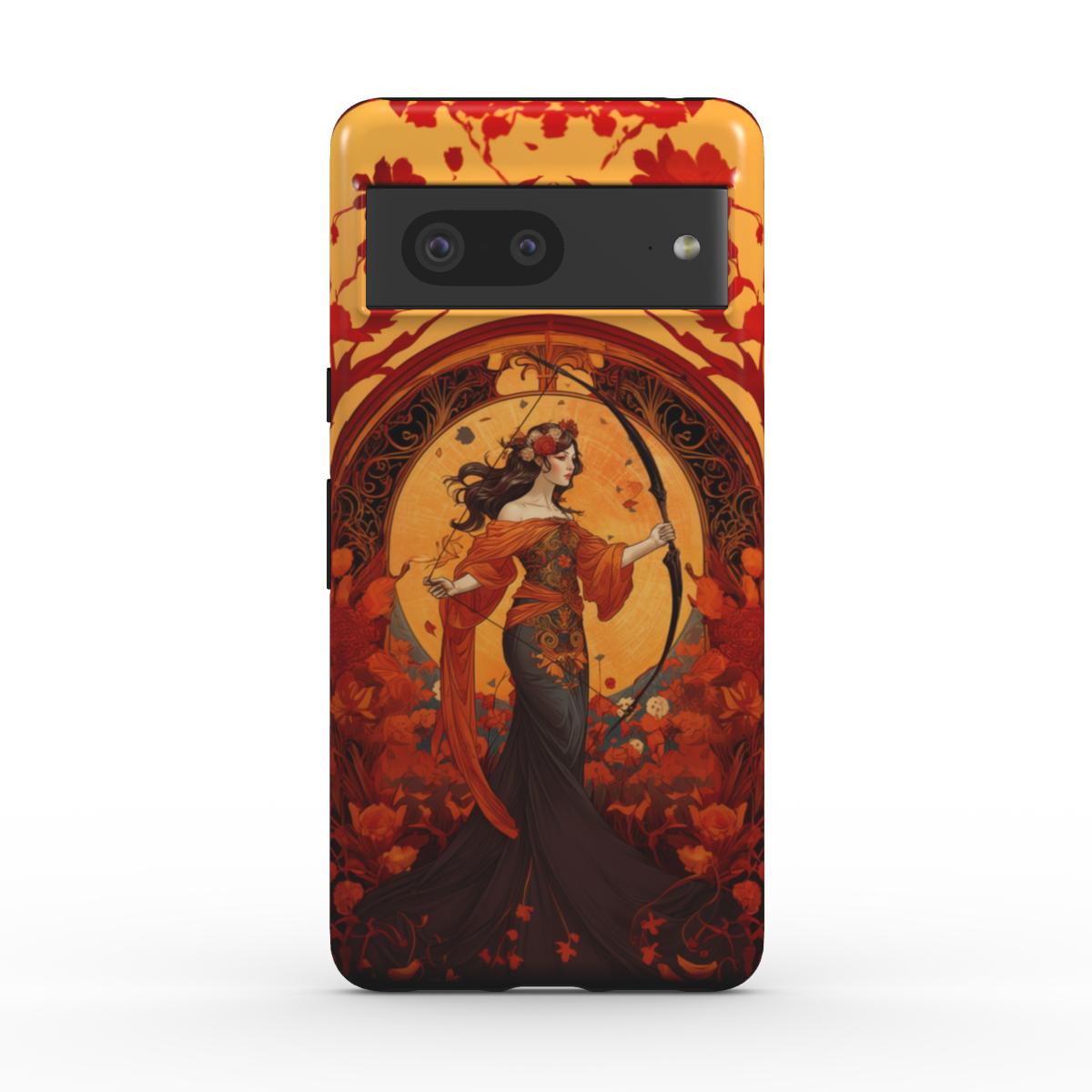 Robuste Handyhülle im Astrologie-Design. Schützen-Frau mit Bogen in der Hand und roten Blumen im Hintergrund steht anmutig auf einem Podest, in einem langen Kleid. Orange-rotes Farbkonzept, für Sternzeichen-Enthustiasten, asiatischer Stil