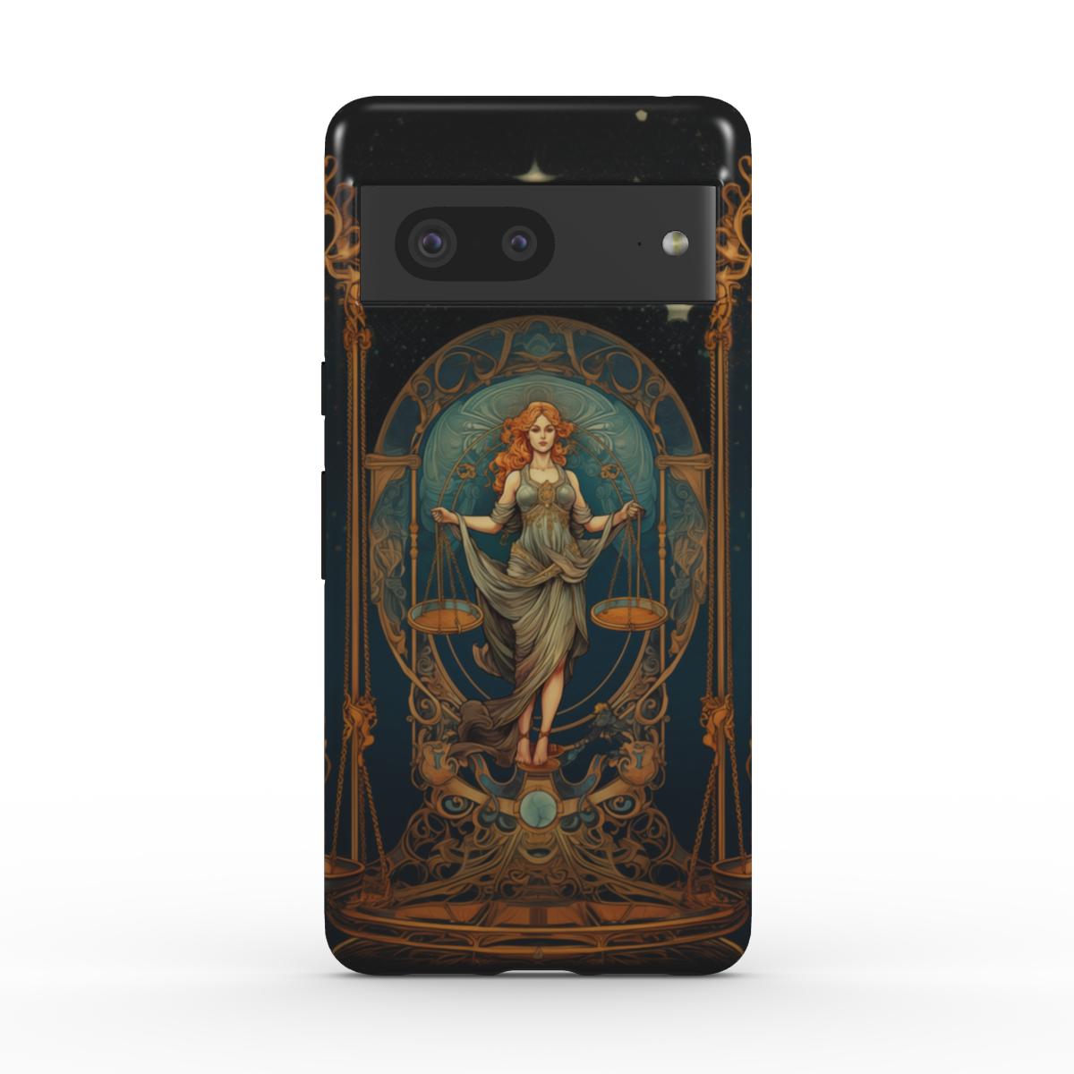 Robuste Handyhülle im Astrologie-Design. Anmutige Frau im zarten Kleid im Stil einer griechischen Göttin hält eine Waage in beiden Händen. Dunkelblaues und goldendes Farbkonzept, für Sternzeichen-Enthusiasten