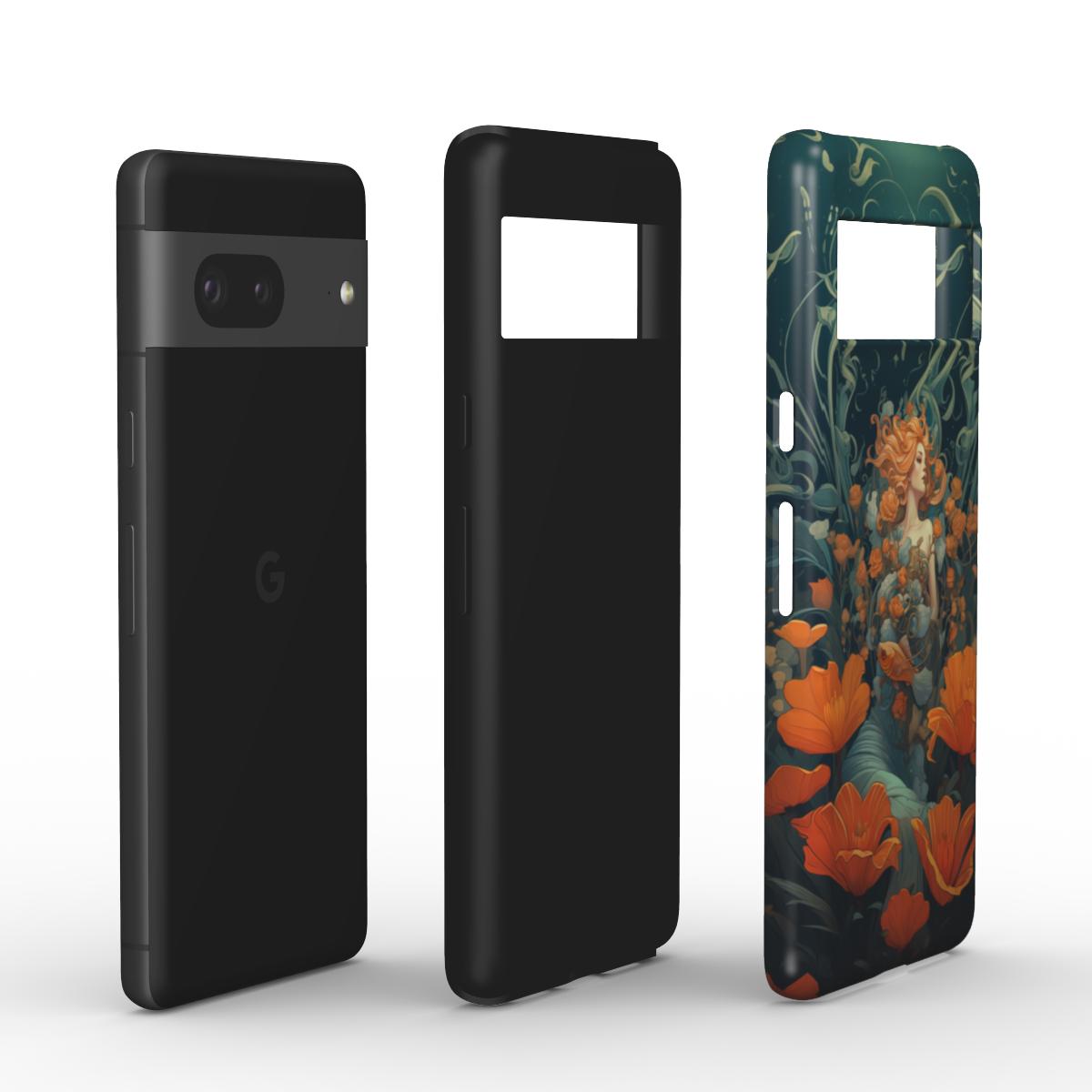 Stoßdämpfende Tough Case Handyhülle im Astrologie-Design. Eine Frau mit orange-roten Haaren ist unter Wasser von Blumen und Fischen umgeben. Ihre Haare wiegen sich sanft im Wasser. Sie blickt verträumt zur Seite. Rot-blaues Farbkonzept, für Sternzeichen-Fans