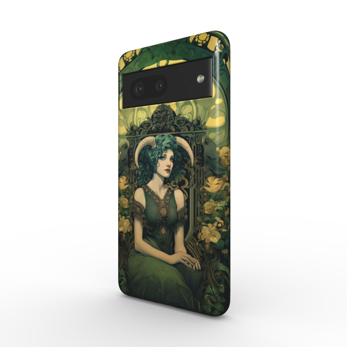 Robuste Handyhülle im Astrologie-Design. Frau mit stilisierten Steinbock-Hörnern und Blumen im Hintergrund sitzt anmutig auf einem Stuhl. Grünes Farbkonzept, für Sternzeichen-Fans