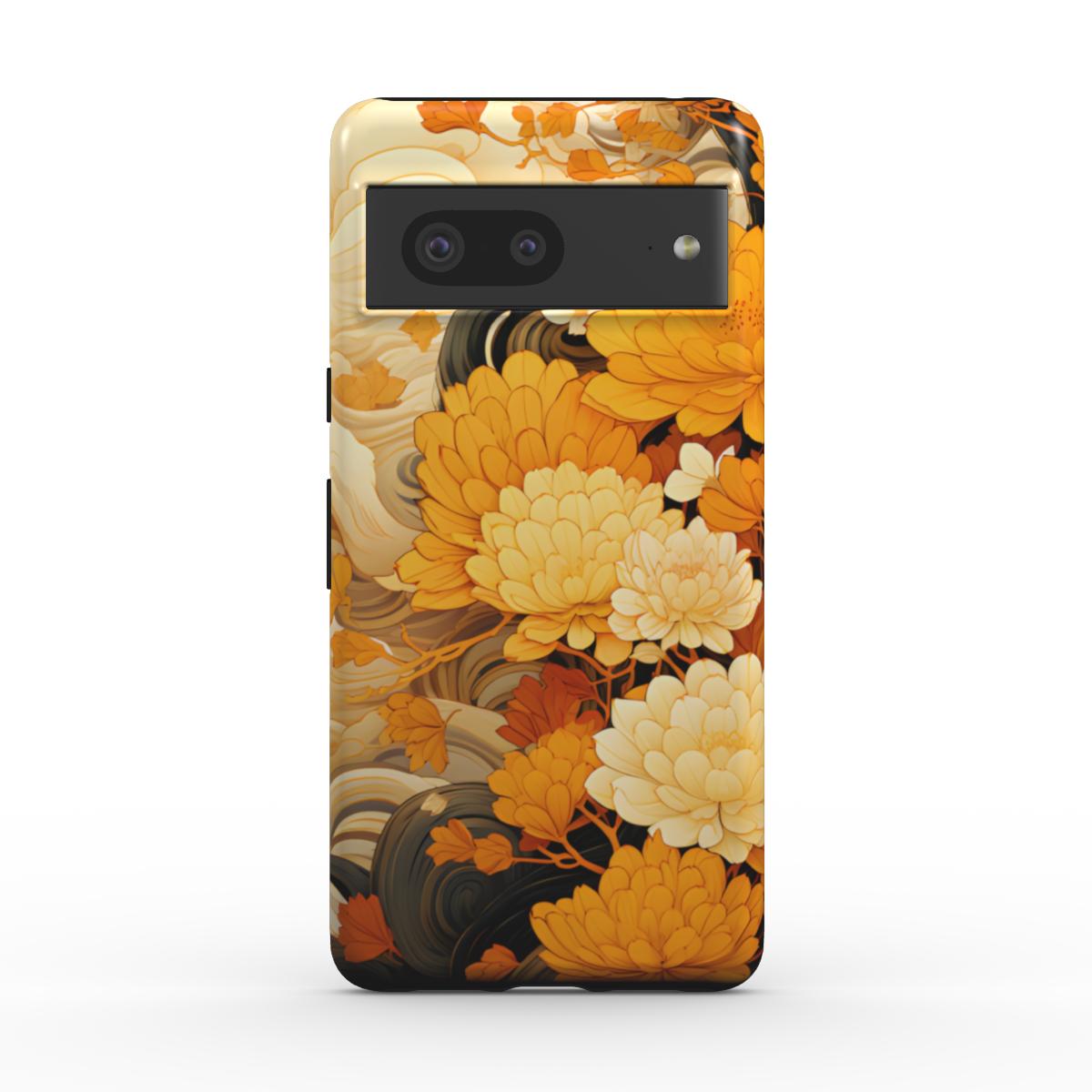 Handyhülle mit gold-gelben Blüten von Dahlien oder Seerosen im asiatischen Stil