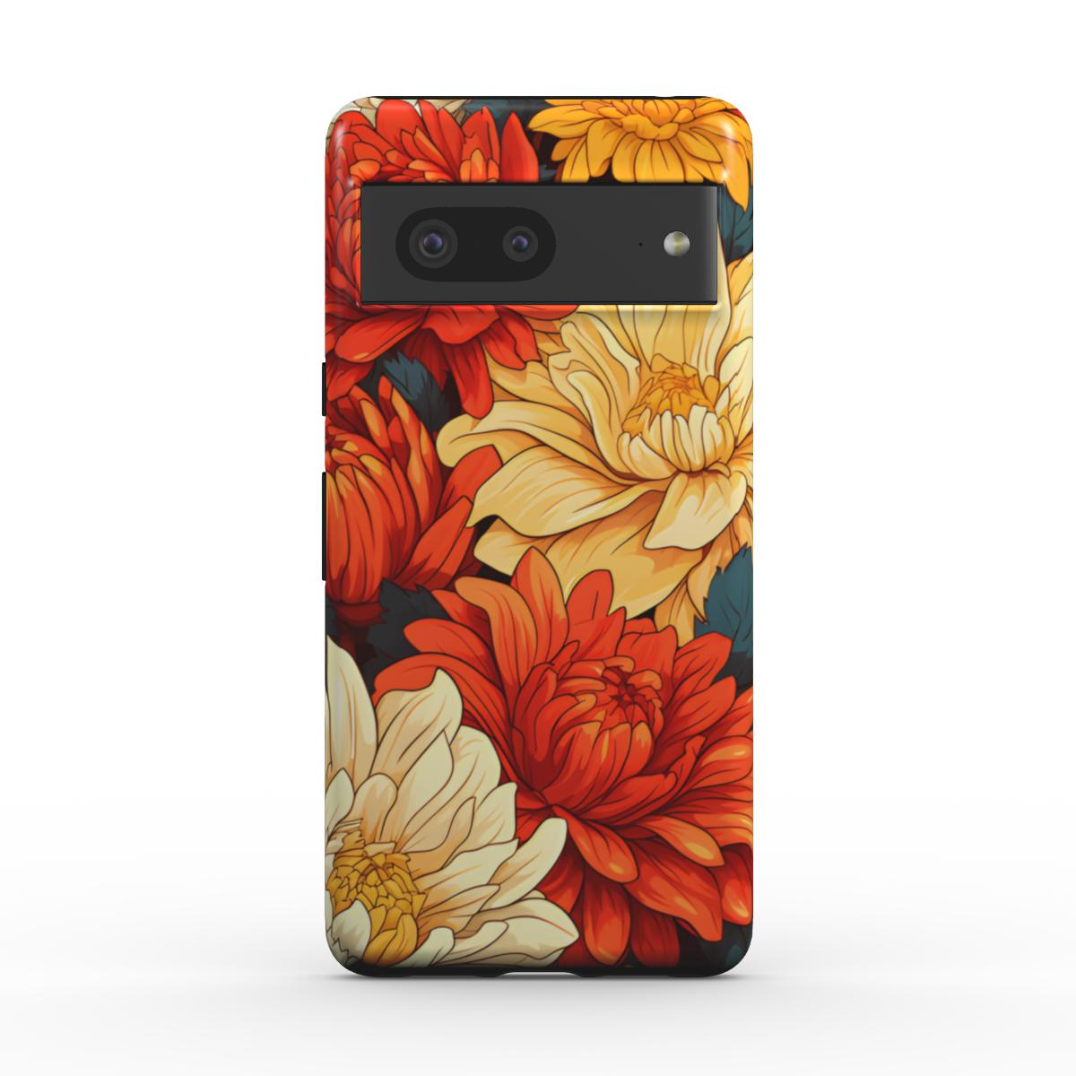 Farbenfrohe florale Handyhülle mit gelben und orangefarbenen Dahlien für viele verschiedene Handymodelle
