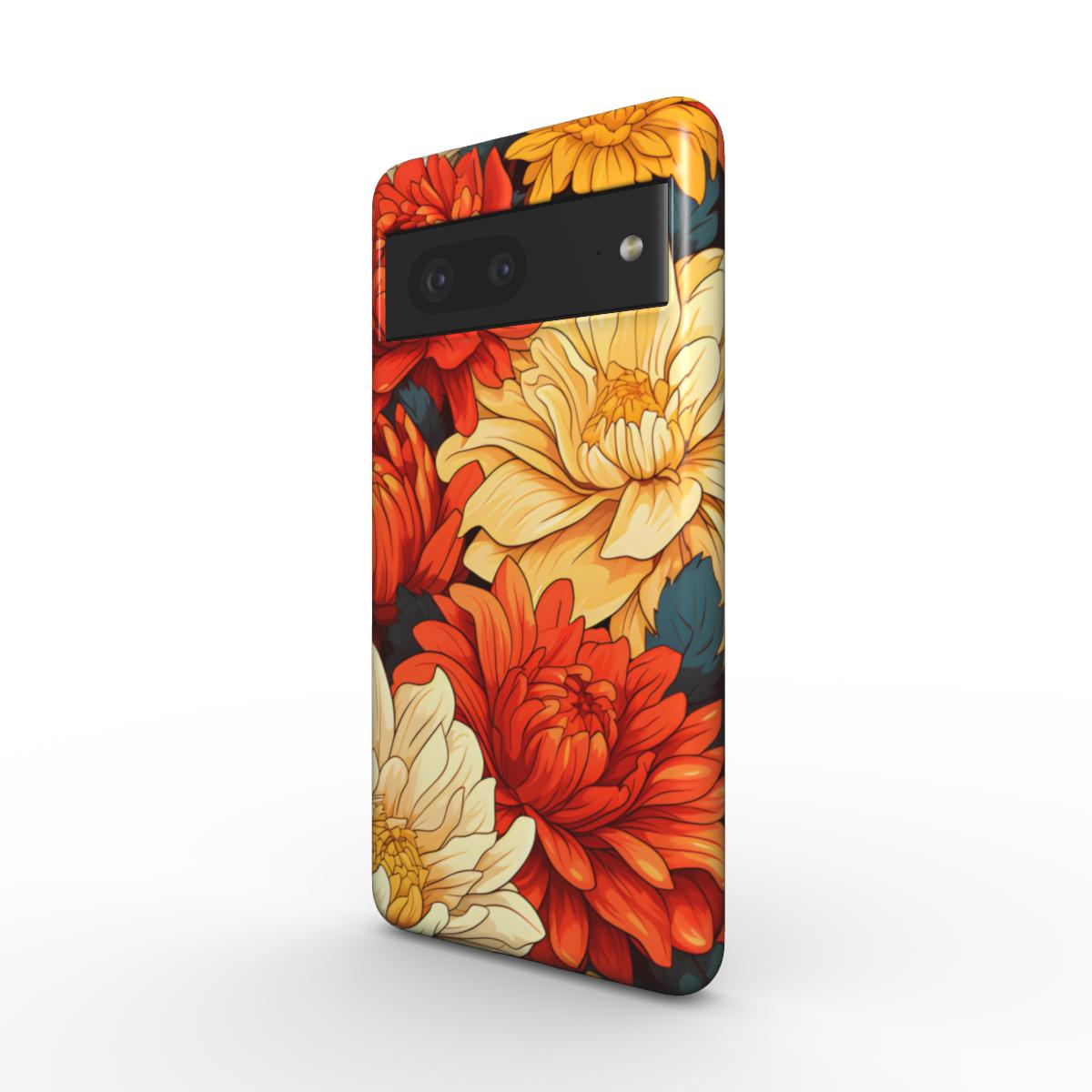 Farbenfrohe florale Handyhülle mit gelben und orangefarbenen Dahlien für viele verschiedene aktuelle Handymodelle