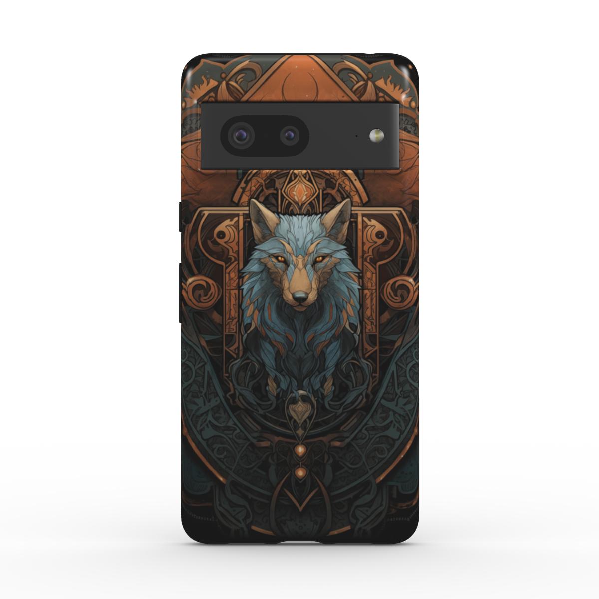 Ein stilisierter blau-grauer Wolf mit spitzen Ohren blickt nach vorn. Im Hintergrund goldene Ornamente. Eine robuste Handyhülle für verschiedene Handymodelle.