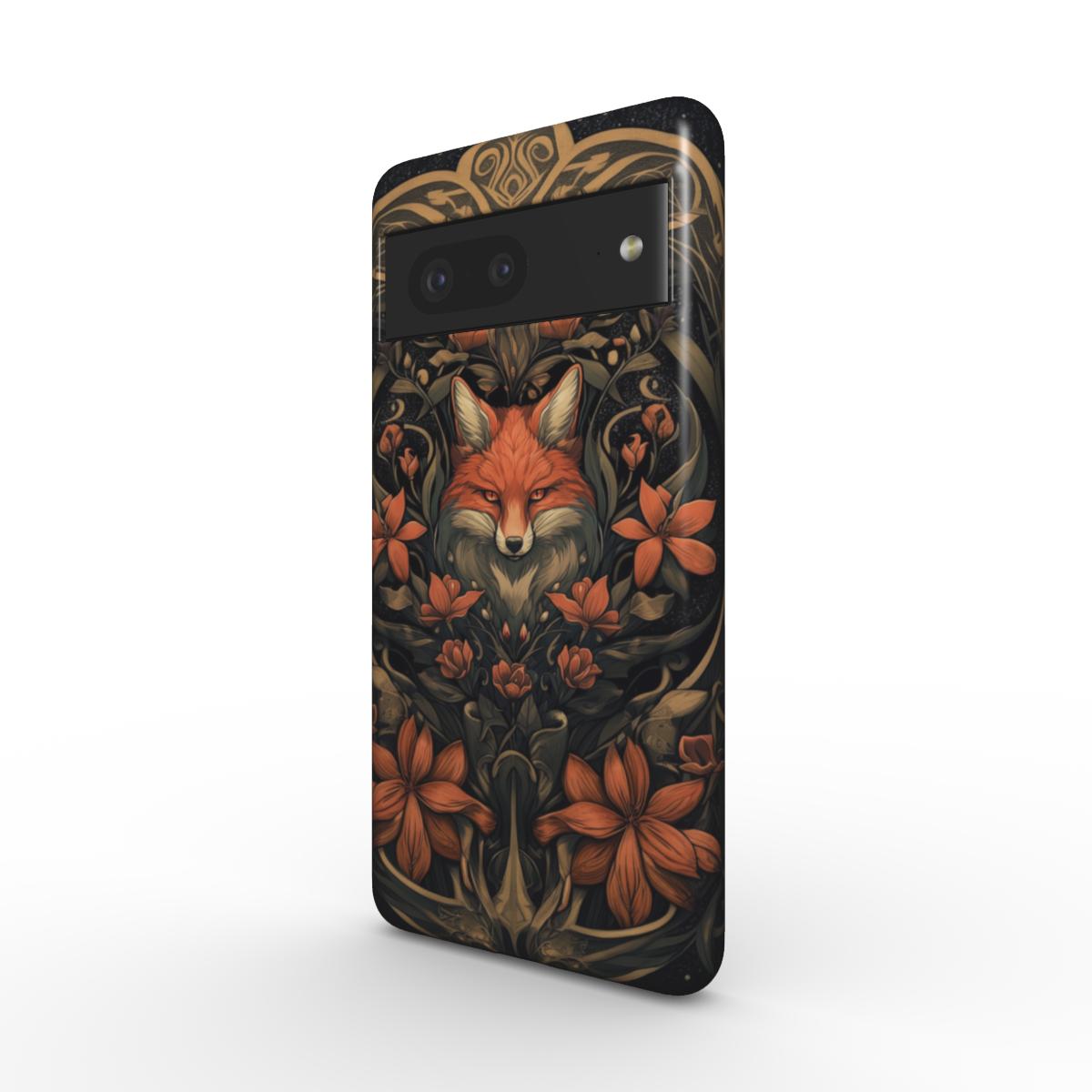 Ein gezeichneter Fuchs, der von orangefarbenen Blumen und Lilien umringt ist geradeaus blickt. Eine robuste Handyhülle für verschiedene aktuelle Handymodelle.