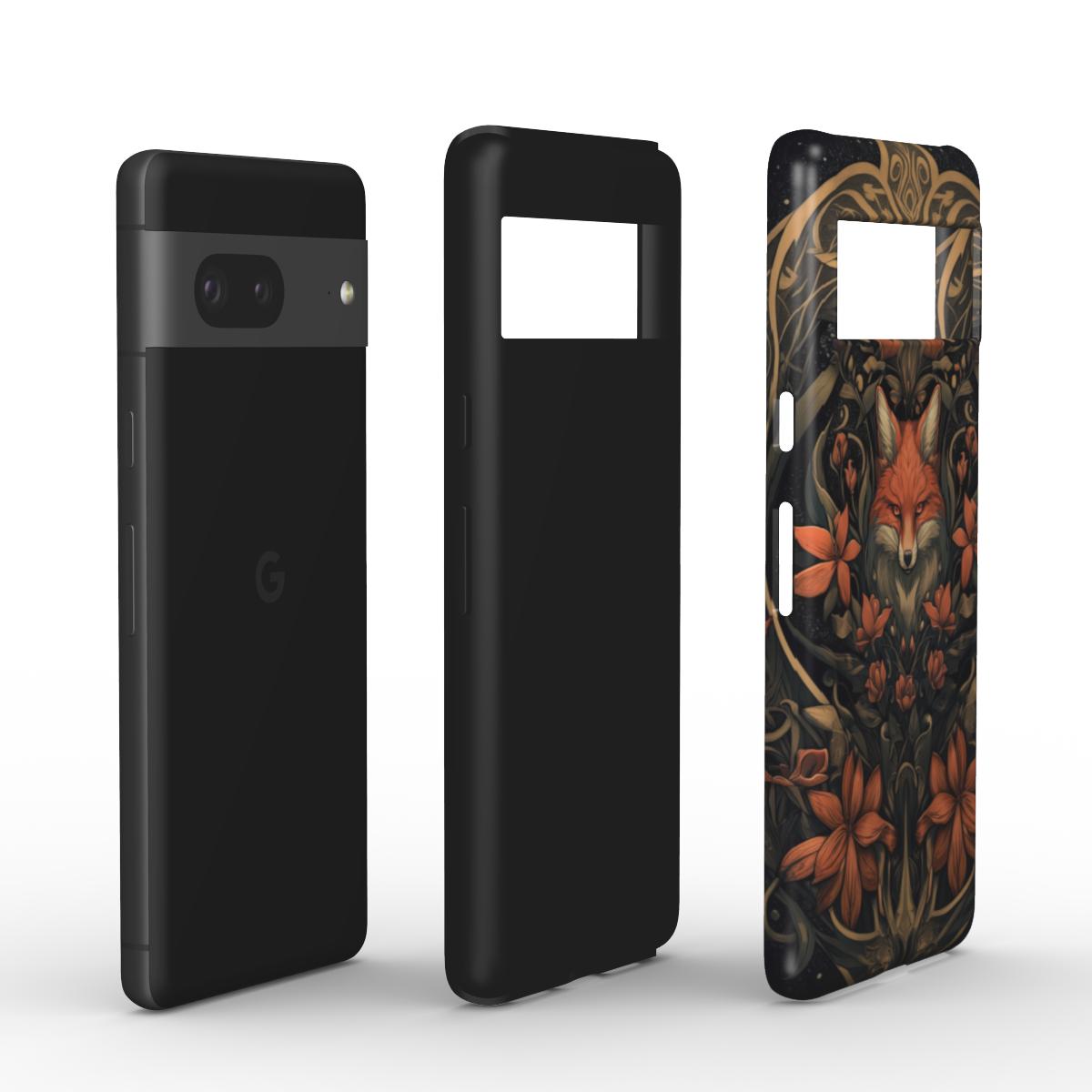 Ein gezeichneter Fuchs, der von orangefarbenen Blumen und Lilien umringt ist geradeaus blickt. Eine robuste stoßdämpfende Tough Case Handyhülle für verschiedene Handymodelle.